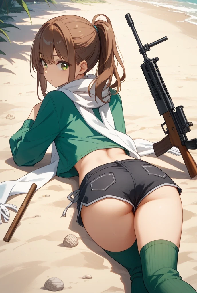 1girl, sinon, weapon, gun, scarf, solo, gloves, fingerless gloves, shorts, hair ornament, white background, rifle, short hair, ass, short shorts, blue hair, sniper rifle, hairclip, bullet, blue eyes, simple background, full body, black gloves, jacket, looking at viewer, green jacket, holding weapon, standing, anti-materiel rifle, holding, holding gun, white scarf, black footwear, standing, <lora:abec_XL:0.8>