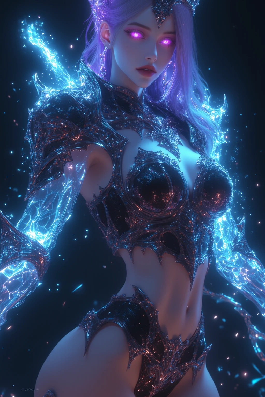 gorgeous woman with wavy hair detailed alluring eyes long sexy legs wearing futuristic bodysuit in beautiful cave, mist, wet, raining, best quality masterpiece, photorealistic, detailed, 8k, HDR, shallow depth of field, broad light, high contrast, backlighting, bloom, light sparkles, chromatic aberration, sharp focus, RAW color photo, glowing blue eyes, elf ears, white hair, devil horns, hold a futuristic scythe, tanned skin, demon eyes,