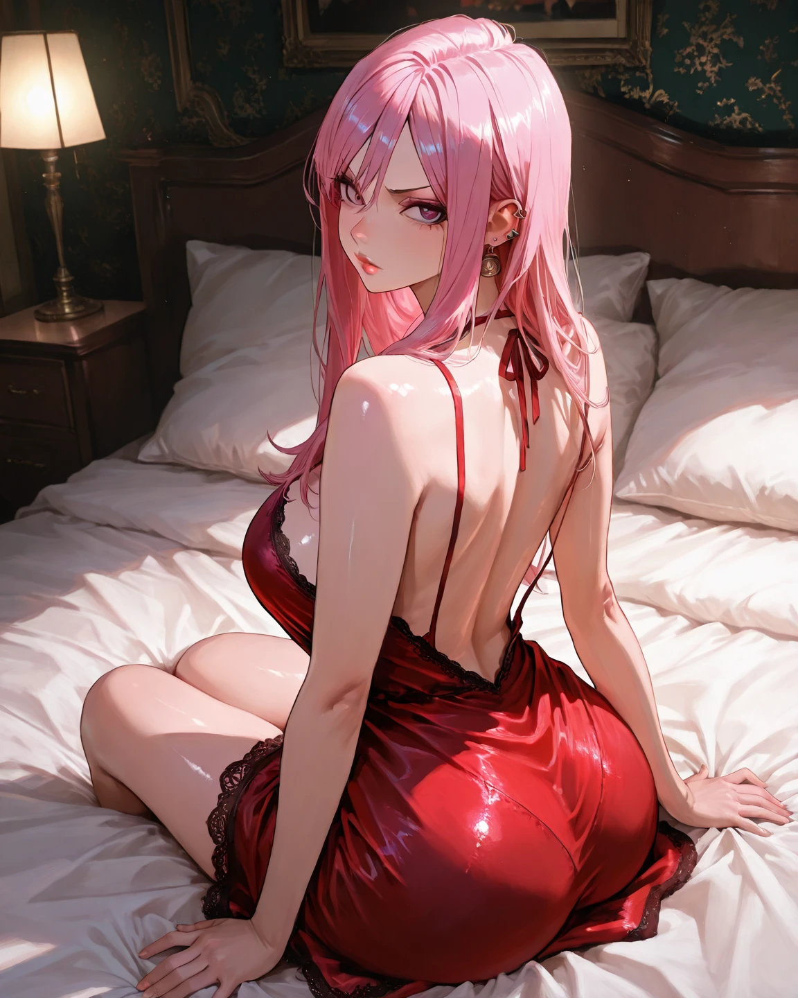 alternate costume, single bare shoulder shirt long, naked shirt, (red shirt), short sleeves, bottomless, sitting, embarrassed, smile, blush, looking at viewer, waking the viewer, bedroom, house, indoors, sunlight, (full body), zerotwo, 1girl, solo, blush, rose blush, indoor, long hair, looking at viewer, smile, closed mouth, medium breasts, very long hair, green eyes, pink hair, hairband, small horns, shiny, shiny hair, aqua eyes, straight hair, :p, white hairband, double-breasted, honey, masterpiece, realistic, anime, cleavage