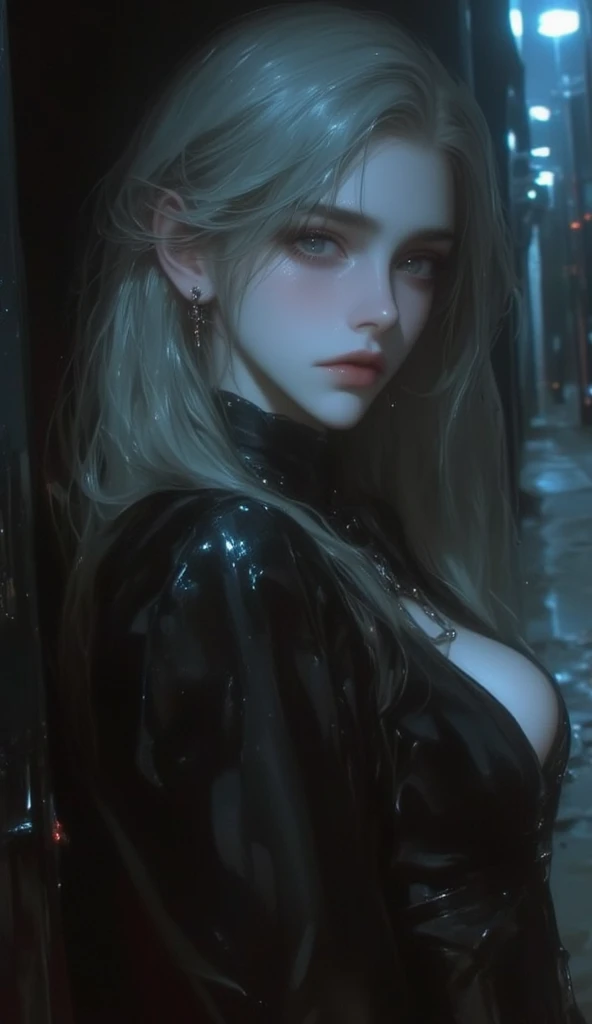 (UHD, retina, masterpiece, accurate, anatomically correct, textured skin, super detail, high details, high quality, best quality, high res, 1080P, HD, 4K, 8k, 16k), (beautiful detailed eyes, beautiful detailed lips, extremely detailed eyes and face), soft lighting, physically-based rendering, vivid colors, (large breasts:1.5), (portrait, shiny hair, shiny skin), eye reflection, (bokeh, moonlight:1.5), (black coat, wear the hood on your head, tanned skin:1.5), silver hair,