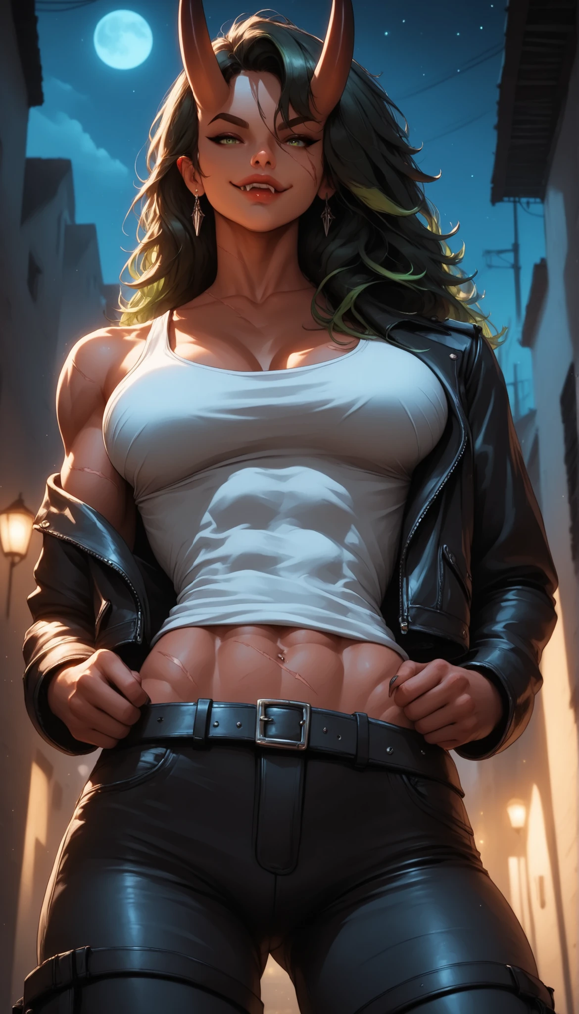 alleyway, night_sky, neon_shadow, urban_grit, red_skin, oni_horns, green_eyes, long_black_hair, green_highlights, face_scars, fangs, muscular_female, large_breasts, leather_jacket, combat_pants, black_tank_top, hands_on_hips, wide_grin, (detailed_face:1.3), (sharp jawline), (high nose bridge:1.2), (pouty lips:1.2), full lips, soft skin, refined cheekbones, glowing_skin, arched eyebrows, visible philtrum, (grinning:1.2), (confident pose), (cowboy_shot), (from_below), (masterpiece:1.2), (best quality:1.2), ultra detailed, 8k, watercolor, cinematic lighting, volumetric_lighting, rim light, soft shadows, ((forced_perspective)), (Diminishing scale perspective:1.3), (lora:Yandere Queen:0.85), (lora:SDXL high detailed. LoRA_SDXL_ARW_0010:0.75), (lora:Waifu Eyes:0.5), (lora:NKxXmo's Shaded Face:0.5), (lora:NoobAI-XL Detailer:0.6), (lora:Detail Tweaker:0.65)
