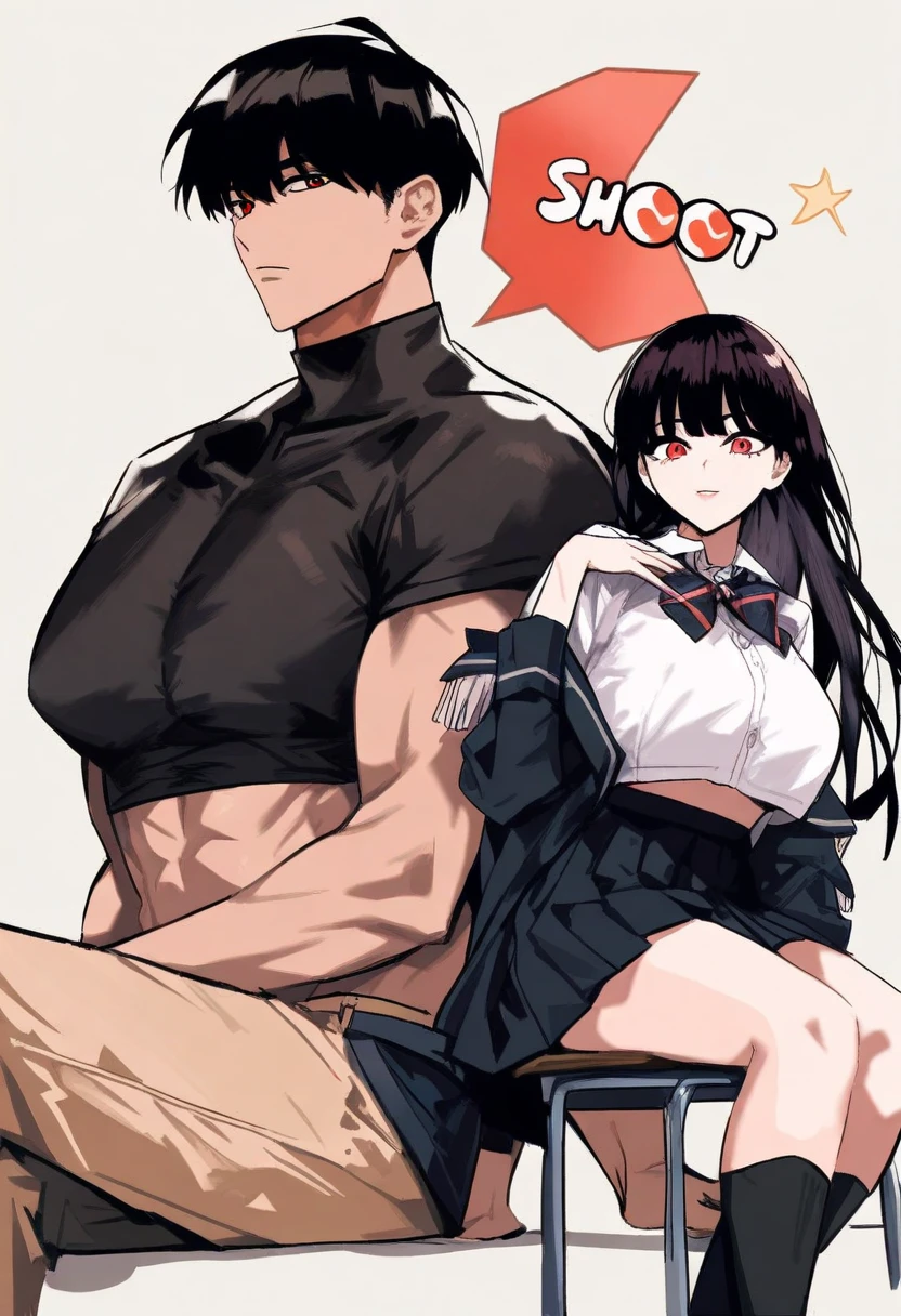 source_anime, rating_explicit, score_9, score_8_up, score_7_up, black_hair, goth, gothic, short_hair, looking at viewer, crop top, skirt, thighhighs, black clotges, goth girl, ikuchan, 2boys, mmf, standing side by side, faceless male, ), muscular male, ((size difference)), clothed, gyaru fashion, breast grab, cuckold pov, ((netorare)), ((ntr)), cuck, cuckolding, ((light skinned male)), ((cuck)), ((bleached)), ((wmaf)), white male Asian female