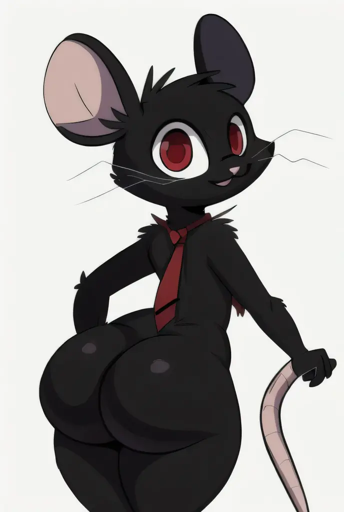 masterpiece,best quality,face detail,extreme detail,8k,white background,camillerat,1girl,solo,looking at viewer, looking back, grass background,red eyes,animal ears,tail,necktie,no humans,rat,mouse,whiskers,black fur,cowboy_shot,upper_body,standing pose, red bra, navel, pose, big ass, by joaoppereiraus