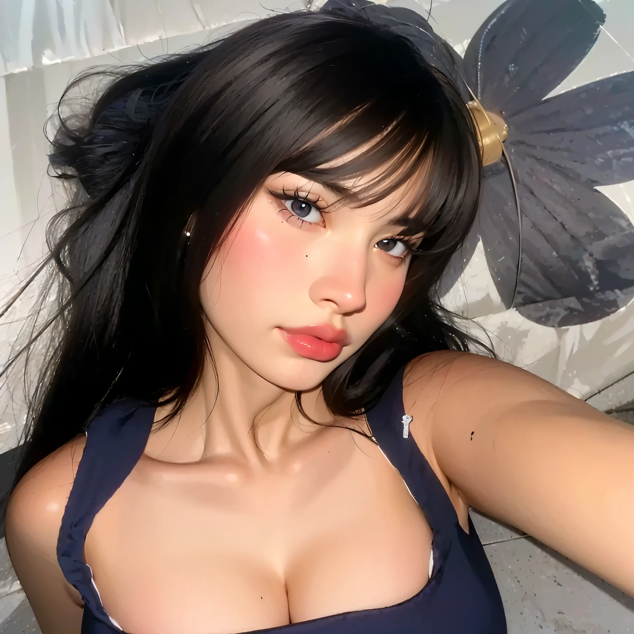 Beautiful selfie of a sexy white american woman, beautiful face, red lips, beautiful green eyes, smilling, long straight black hairs flowing in the front with long bangs, wearing red tanktop with low-cut protecting the big chests with moles scattered, close up, blue scenery, ultra realistic. 