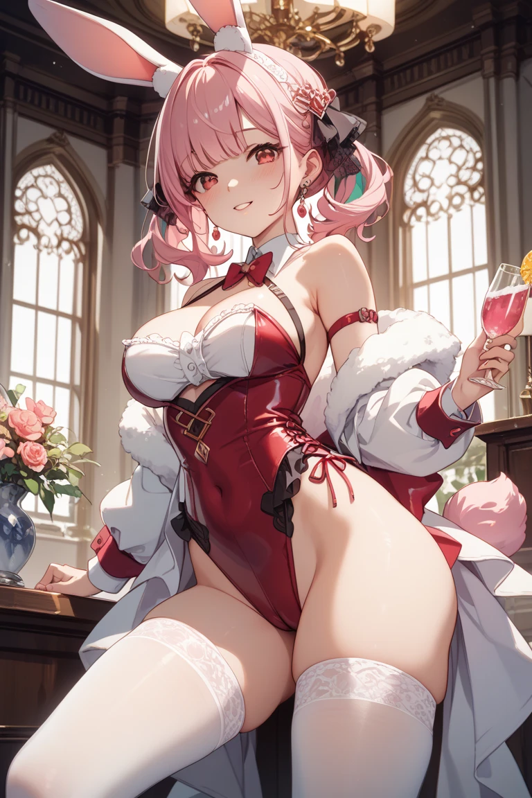 1girl, alcohol, cup, detached sleeves, drinking glass, flower, pink hair, pointy ears, purple flower, purple rose, red eyes, red flower, red rose, rose, rose petals, sitting, solo, thighhighs, vampire, wine glass, miniskirt, dress, เขี้ยวยาว, นั่งกางขา, กางเกงในสีขาว, โชว์กางเกงใน, camel toe, โชว์หน้าอก, ผ้าบาง และเปียก,