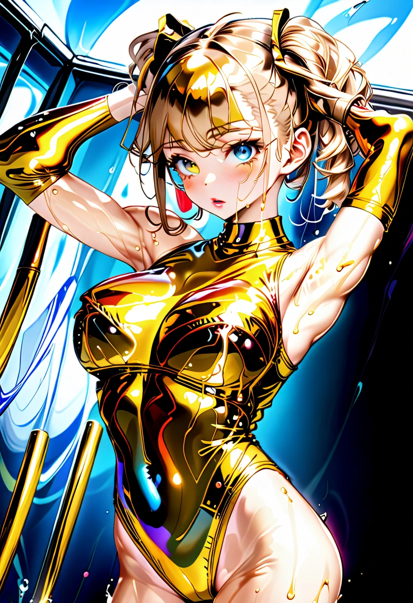 8K、glossy latex suit、(((Transparent latex suit)))、(((Transparent latex suit)))、short golden hair with arms behind head、Beautiful woman with blue eyes、Latex suit that shows off your body line beautifully、Upper body only