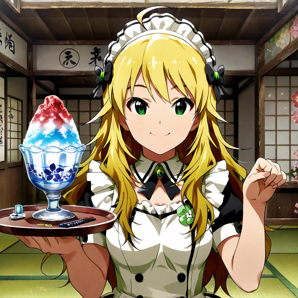 ((greatest masterpiece:1.3, ultimate quality:1.3, ultra-detailed:1.2)), (movie lighting), ((perfectly sensual)), super fine illustration, an extremely delicate and beautiful, 4K, 8K, 16K, UHD, 1girl, solo, Mordred (Fate Grand Order), gorgeous blonde hair, short ponytail, lustrous emerald eyes, voluptuous, cleavage, well-proportioned feminine body, anatomically perfect, detailed beautiful face, confident smile, perfect posture, seductive gesture, floral yukata, nape of neck, festival, Food stalls, shaved ice, night, colorful lanterns, from above, cinematic angle, official artwork, bold composition, alluring image, perfect AI assist, world-class masterpiece,