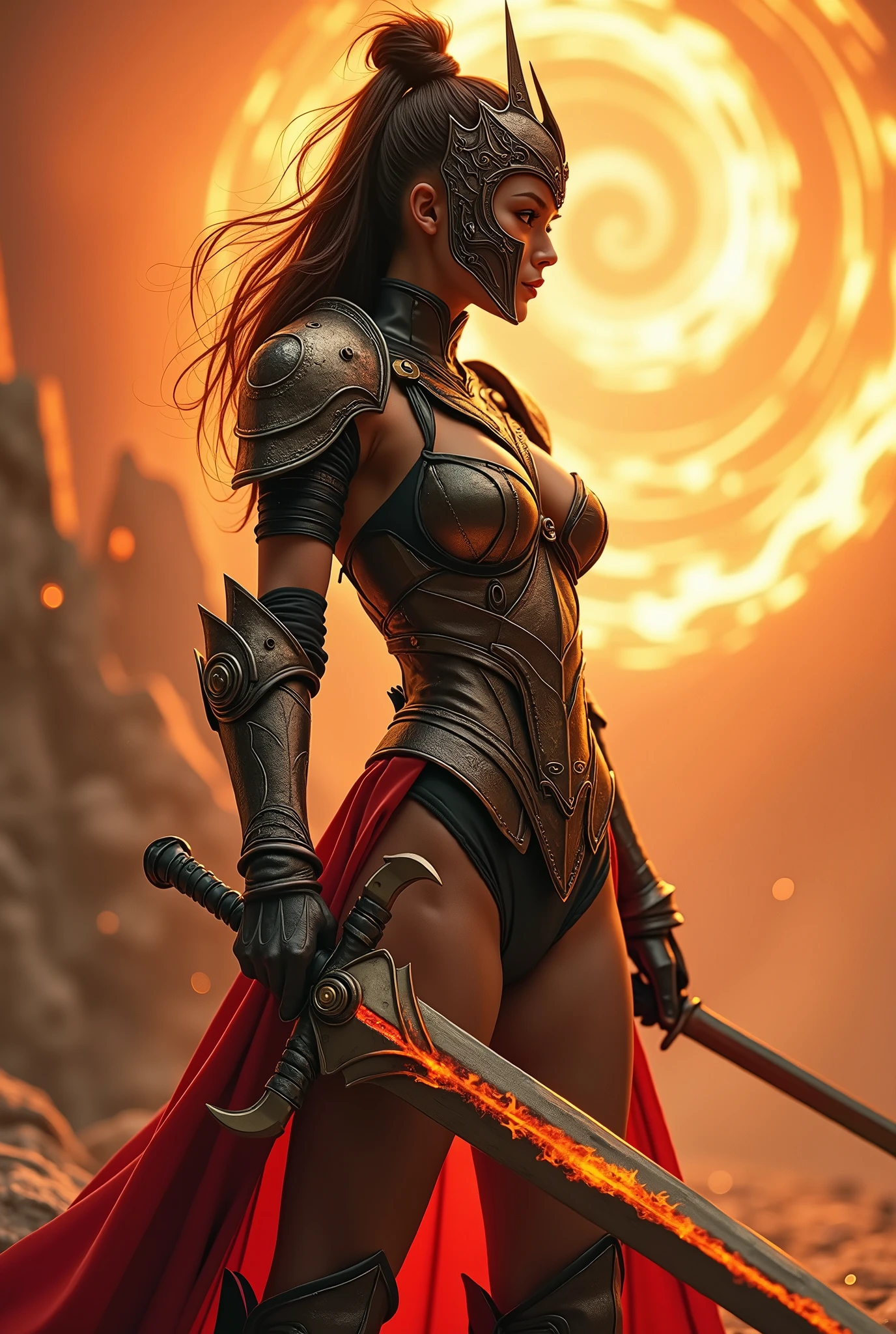 (8k, best quality, masterpiece), (Realistic, photoRealistic: 1.37), super detailed, one girl who is at ease , { Phoenix Knight holding a sword pattern with both hands }, Wide angle , Big bouncy breasts , Very delicate depiction , MINIATURE PAINTING , Detailed Depiction of Disheveled Hair , correct skeleton, armor with intricate patterns, Complex Armor, Long, Thick Sword of Fire 、Dreamy,超Realisticな混合ファンタジー世界, Realistic要素と幻想的要素の組み合わせ ( Swirling Hole of Fire :1)、Prepare to slay with a sword 、Wear an intricate and detailed iron mask、Put on a mask