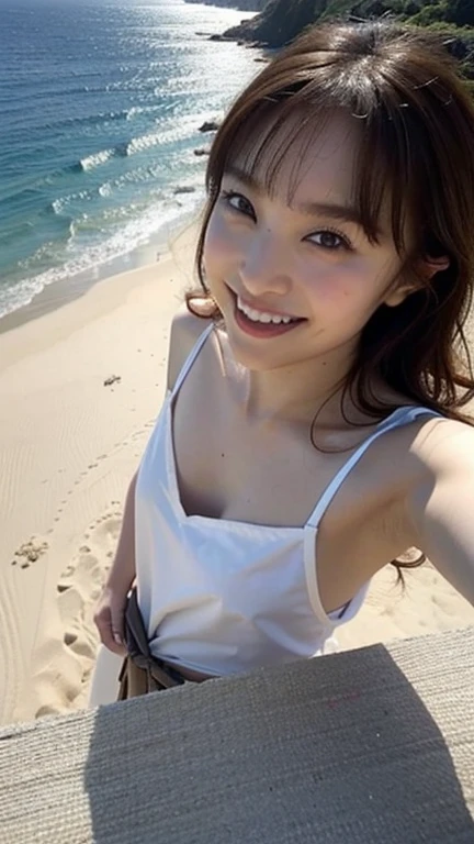 (Summer beach、Sitting by the beach、Resort、Blue sky、Beautiful sea)、(White dress:1.4、Mini dress:1.3、Wearing a straw hat、Sandals、Detailed lace panties)、(Realistic、Like a photograph、Live Action、8K, Photorealistic, RAW Photos, Best image quality: 1.4), Single-lens reflex camera、RAW Photos, Highest quality, Realistic, Highly detailed CG Unity 8K wallpaper, Written boundary depth, Cinematic Light, Lens flare, Ray Tracing, Realistic background、((Ultra-dense skin))、 One teenage girl traveling to Okinawa,Cute Japanese Woman、((whole body:1.5),Look away:1.1、Straight long hair:1.2、I like that style、Stylish、Very detailed、Pay attention to the details、The perfect outfit、(White skin)、Beautiful legs:1.1,View from below、Accurate hands、Accurate legs、Detailed hand and fingers、Anatomically correct body
