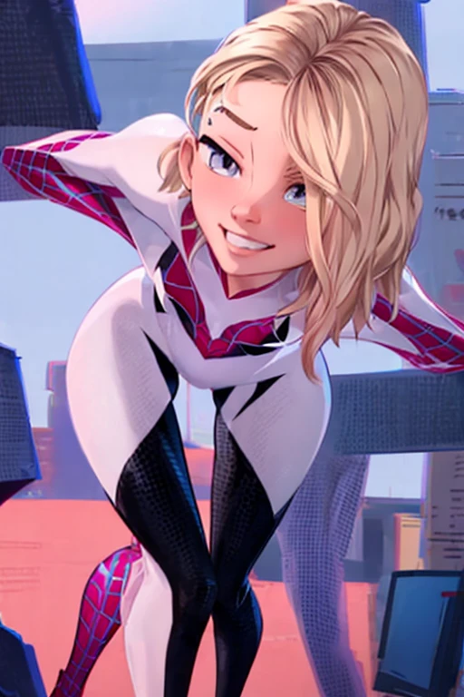 sgwen, open mouth, tongue out, drooling, winking, orgasm elbow gloves, slutty pink underwear, nsfw light smile, small breasts, sexy pose, pussy, bending over, back view, looking back at viewer,. night, city, indoors, (insanely detailed, beautiful detailed face, beautiful detailed eyes, masterpiece, best quality), 