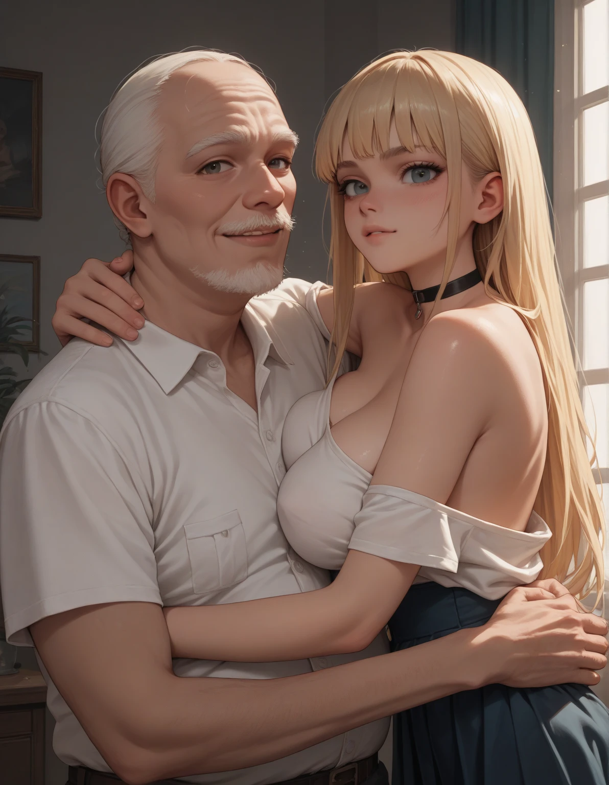 (old hairy dirty old man with torn clothes 90 years bearded),(Holding her from behind and talking in her ear),other men catching her with prancing ass,picking up in lap,mini white skirt swinging up, 40k, photography, masterpiece, best quality, dark gray background, (1girl blue eyes and blonde hair soon curly), big ass full breasts until waiting using, (mini sexy swinging skirt round: 1.3), (white plunging open shirt: 1.3),elderly man leaning against her from behind picking her up,assorted ass poses.