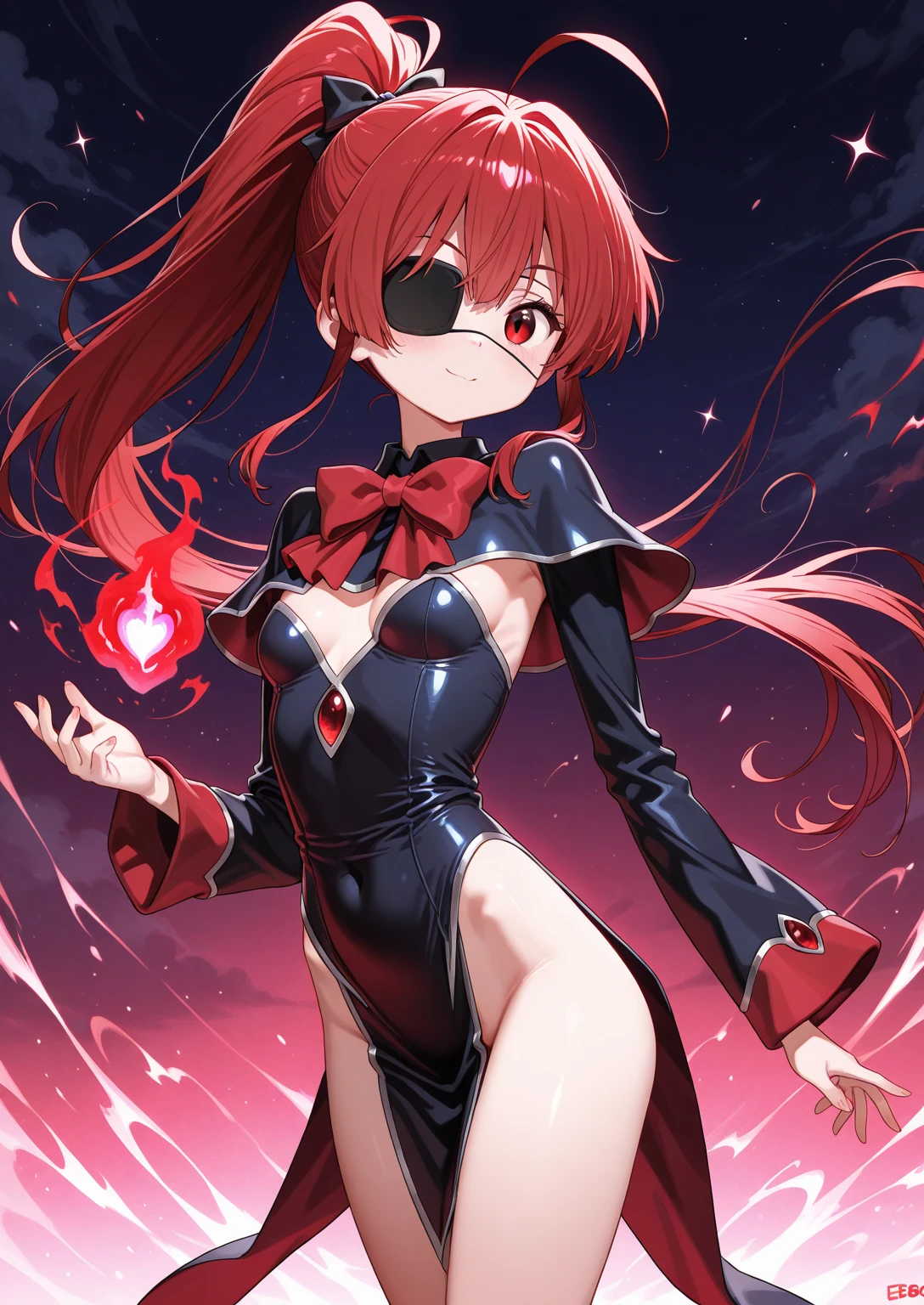 make me a female, 18 years old, red long messy hair, yellow eyes, glasses, black revealing outfit, she's smiling