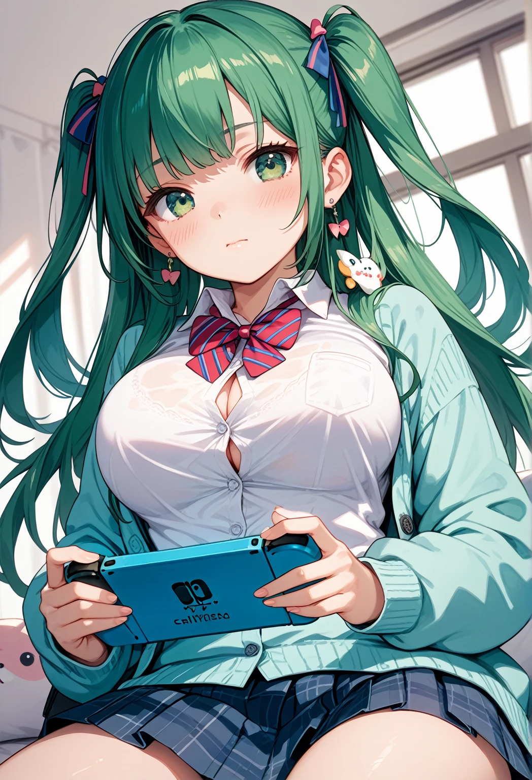 , masterpiece, Highest Quality, Highest Resolution, perfect background, perfect perspective, sharp image, perfect details, perfect lighting, perfect shadows, Perfect lighting, Best background,
Vannamelon, green hair, red eyes, hair ornament, food-themed hair ornament, tattoo, green sweater, headphones, computer, keyboard, monitor, mouse, plant, watermelon, bra, cleavage, standing, watermelon in background, indoors,