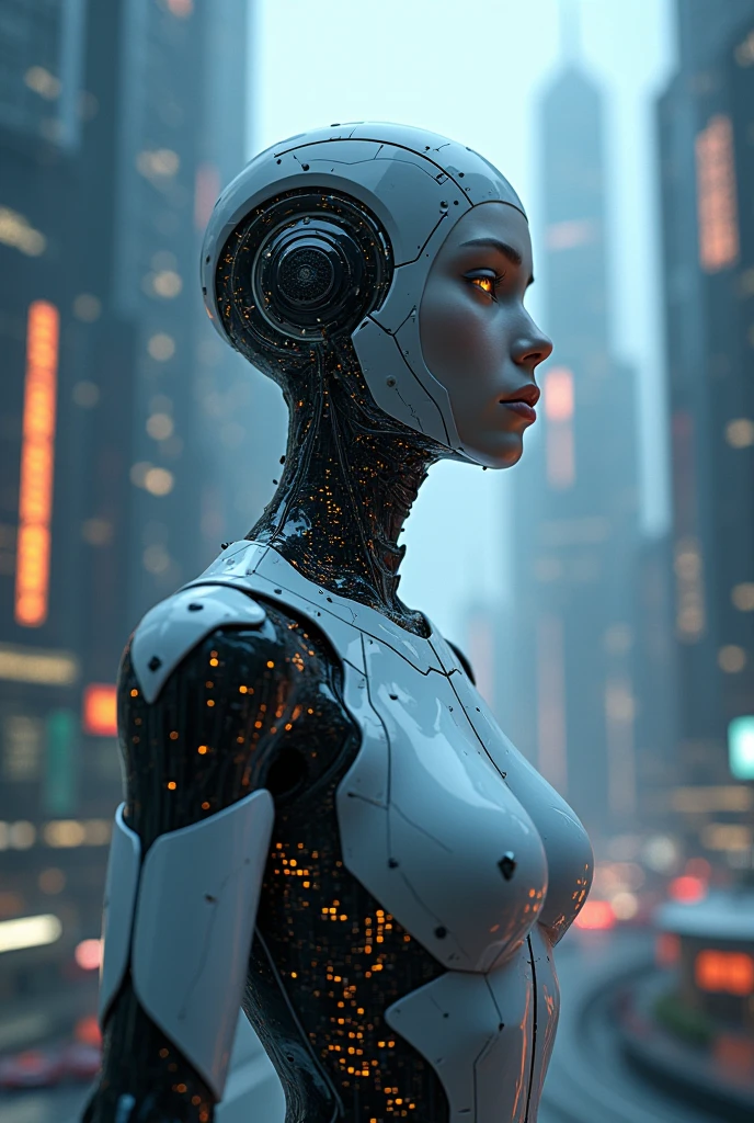 Create with a futuristic and semi-realistic style. Show an artificial intelligence humanoid named Nova, with an elegant and almost human appearance. It must have a modern design, with a smooth metallic skin and illuminated details that suggest advanced technology. Nova is in a contemplative pose, with a thoughtful and expressive look, in a futuristic setting with high-tech elements and a background that mixes city lights and circuits. The cover should convey a feeling