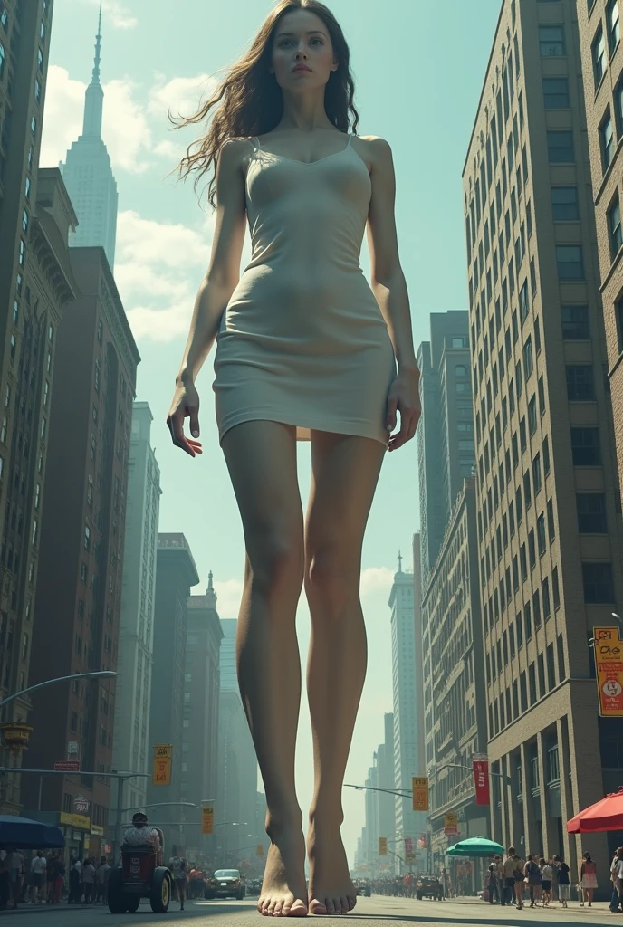 minigiantess，Full body photo，gtscity，skyscraper，korean beauty，sheath dress,Big breasts，(Long legs:1.5),Extremely tall girl，Beautiful looks，No branding，Perfect lighting，Cinematic quality，8K,High quality,(GTS:1.5),ground view，stepping，rampage