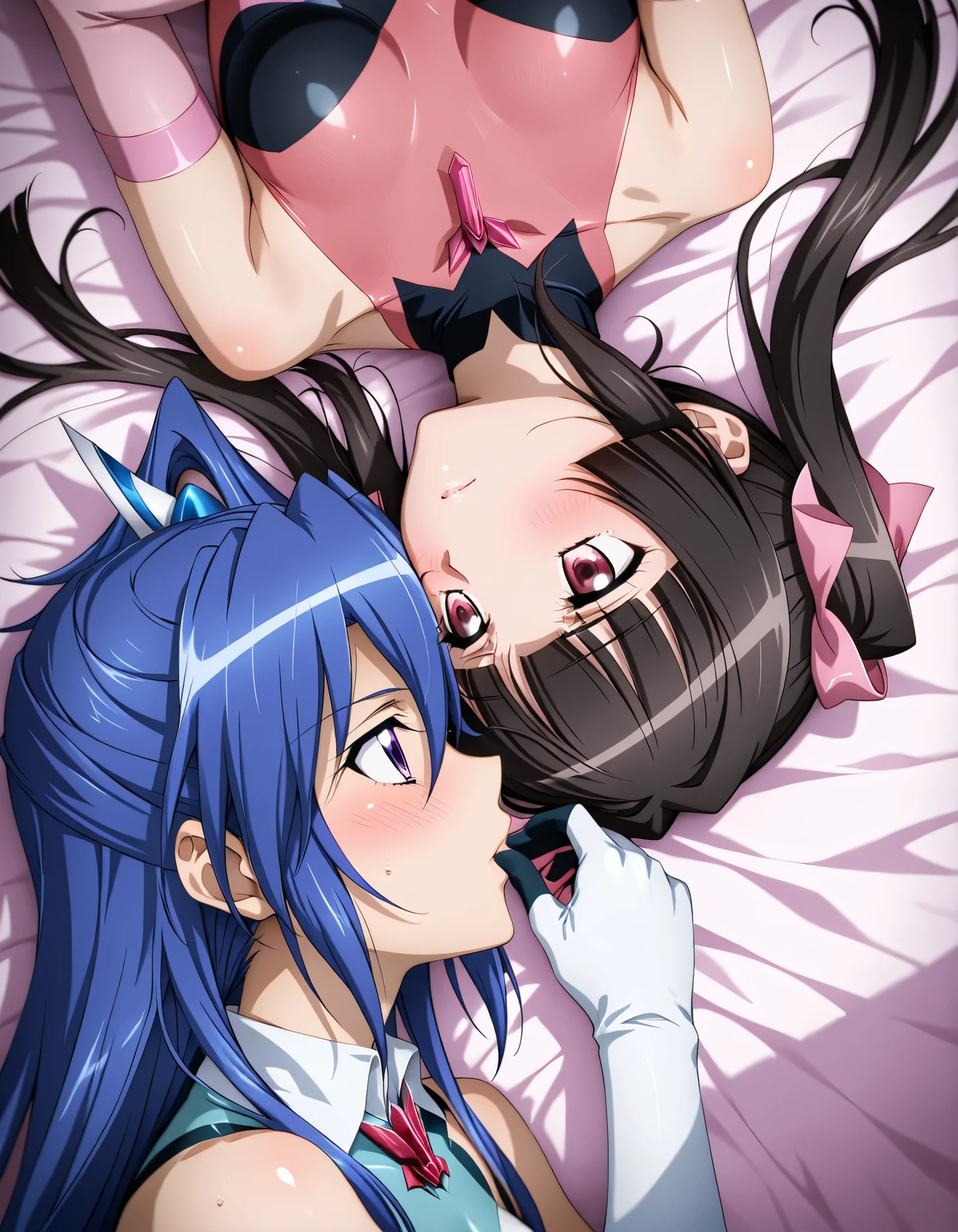 (in between),symphogear,tsukuyomi Shirabe,kazanari tsubasa,lesbian、Close、Kiss、serious expression、Dynamic Angle、Close、 gets her legs 、腰
