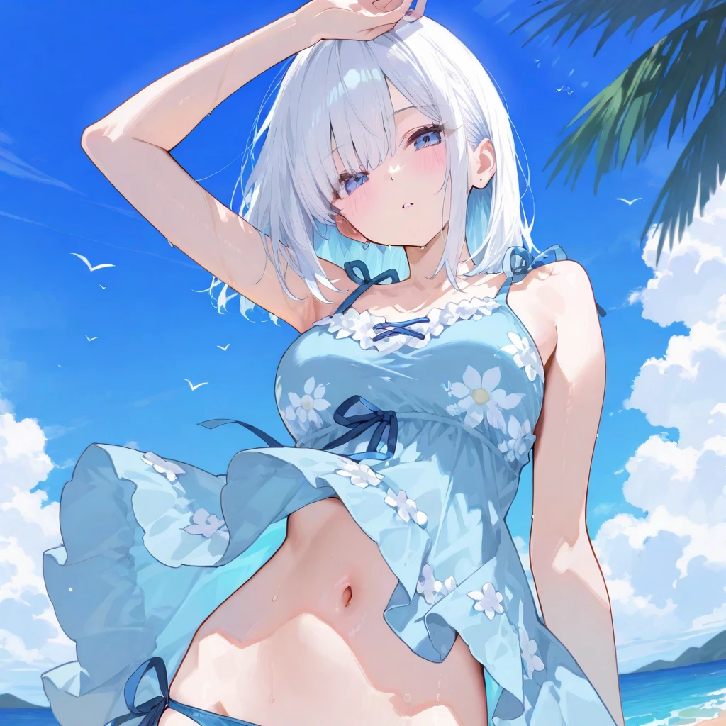 1girl, loli, ocean, bikini, urine, seagull, flat chest, white hair, high quality, high resolution, dull hair, blue eyes