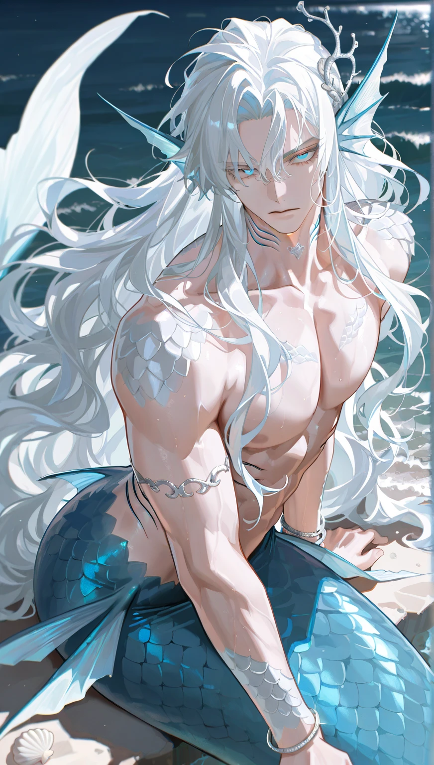 man, masculine, masculine face, attractive, muscular, (((1man))), masterpiece, absurdres, best quality ,intricate details , (shiny skin, shiny body, shiny oily luster skin, shiny hair, pale skintone), Sundown, attractive, ((muscular)), adult, one, earrings, Don't look at the view , Not looking at the view, silver hair, braided hair, perfect detailed face, perfect detailed hands, triton, fins, red eyes, triton ears, ((portait)), smirk, marine sea ornaments, open chest, ((mermaid tail)), no legs, under the sea, fishes, masculine features, masculine face, (((night))), moonlight, darkness, dark light