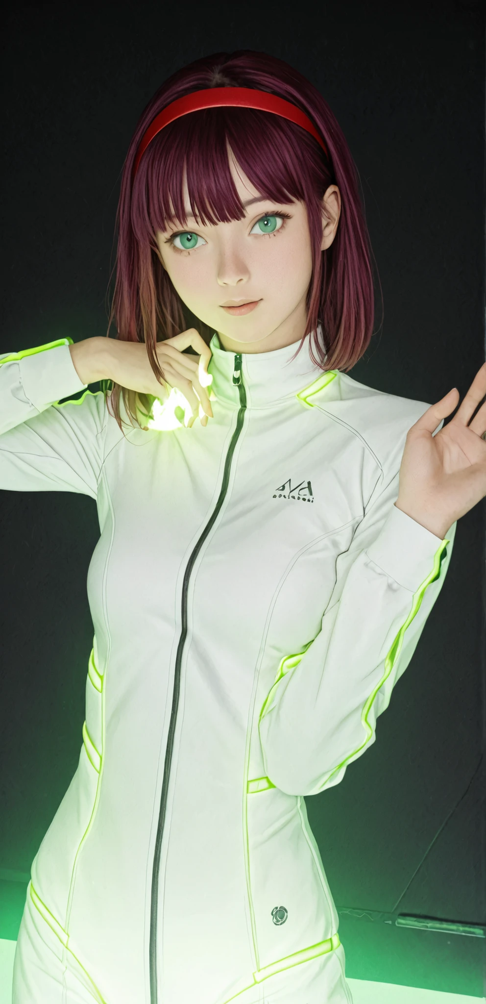Purple hair, female, wearing red hair band, wearing a Japanese white School outfit, a faint green light glowing below, blue eyes