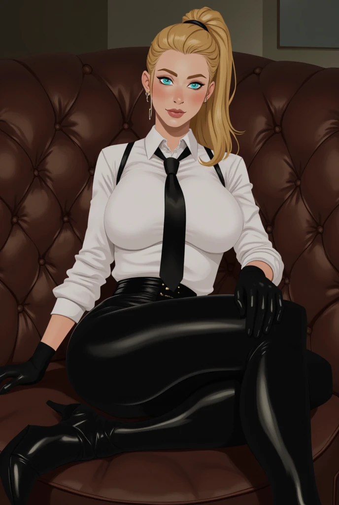 Realistic,hd,girl wearing tight white shirt & black leggings,big exposed tits & belly,blonde hairs,red lips,seductive eyes,sitting on chair,posing to camera