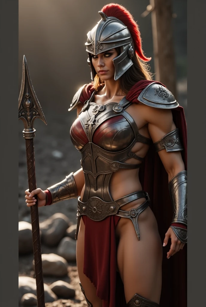 (masterpiece, top quality, best quality, official art, beautiful and aesthetic:1.2), (1girl:1.3), ((Sharp facial features, sharp features, hawkish features)), ((pale skin, orange eyes, big hair, long black hair, ponytail)), big tiddy chaos warrior girl, extremely detailed, portrait, looking at viewer, solo, (full body:0.6), detailed background, full-body shot, (hot desert mountain theme:1.1), chaos warrior, (spiky helmet), charlatan, smirk, mysterious, swaying in mountains, armor, red metal, brass trim, long boots, blood red fabric, pelvic curtain, loincloth, black leather, ((((spear, heavy armor, blood, blood splatter, armored, gigantic breasts, long legs, pelvic curtain, toned, muscular)))), cute belly button, toned tummy, slim waist, slim hips, long legs, medieval (mountain exterior:1.1) background, dark mysterious lighting, shadows, magical atmosphere, dutch angle