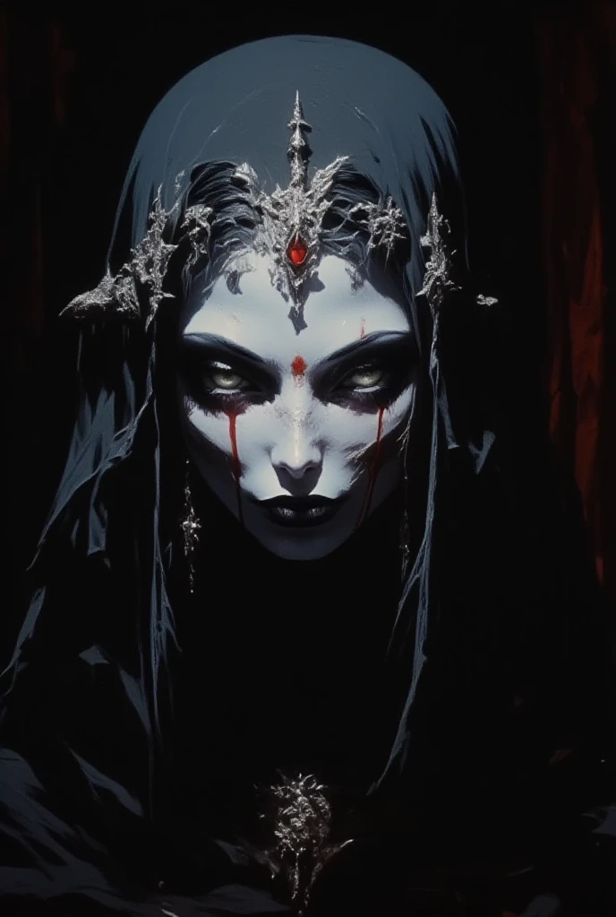 (sexy Thai gothic nun) shouting into the abyss, mysterious, enchanting, hauntingly beautiful, (detailed facial features, brutal ?????? paint, piercing eyes, dark red lips), tattered flowing robes, inverted cross necklace, sensual, (candlelit backdrop, ominous atmosphere), (best quality, highres, ultra-detailed), (dramatic lighting, shadows, ethereal glow), (black and red color scheme, intense contrast), (beautifully composed, intricate details), (evokes a sense of desire and forbidden allure). Extremely detailed hyperviolence 