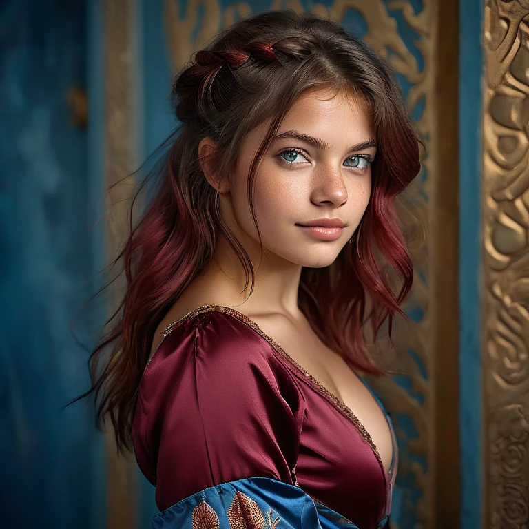 Hasselblad photo Award Winner, studio quality, a 16 years old bulgarian girl , smirk, full lips, delicate v shape face, rich burgundy half-up half-down hairstyle , buff skin texture, blue expressive eyes, sideview, metallic top and bell-sleeve shorts , intricate background, Sublime Impressionistic
