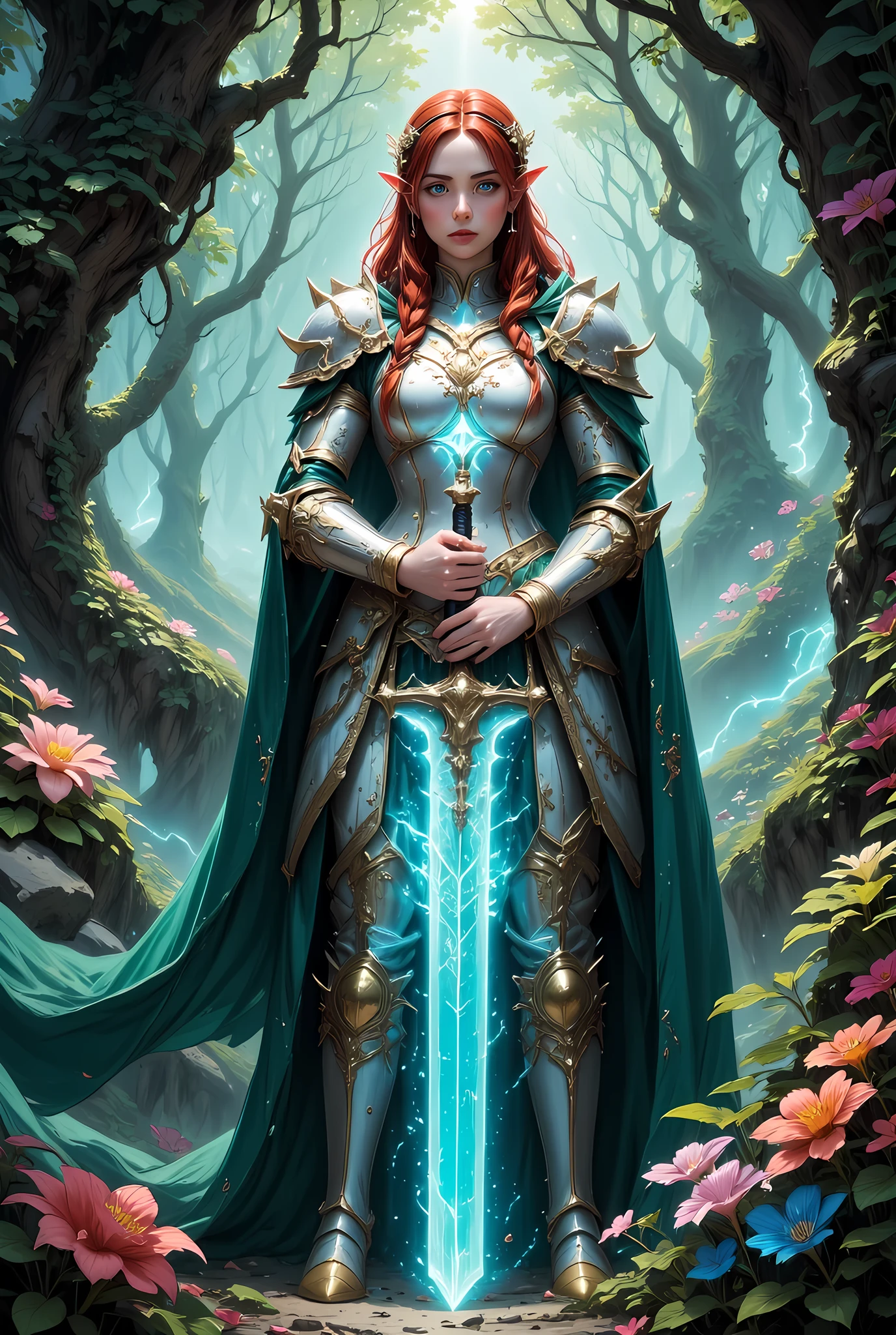 a picture of woman paladin of nature protecting the forest, controlling magical plants, woman holy knight, protector of nature, red hair, long hair, full body, ultra detailed face, red hair, long hair, braided hair, pale skin, blue eyes, intense eyes, wearying heavy armor, white armor, green cloak, flowing cloak, armed with a sword, glowing sword, fantasy forest background, D&D art, RPG art, magical atmosphere magic-fantasy-forest, ultra best realistic, best details, best quality, 16k, [ultra detailed], masterpiece, best quality, (extremely detailed), ultra wide shot, photorealism, depth of field, hyper realistic painting, Cinematic Shot, hyp3rd3tail style, zavy-ctcmcs