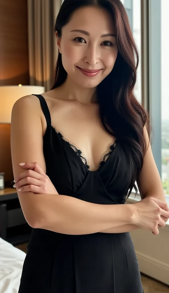 1 mexican girl, 25 years old, Long Wavy black Hair, dark brown eyes, black hair, nude, shirt tug pose,dress,party, night;Indirect gaze, full body,cleavage, smiling
