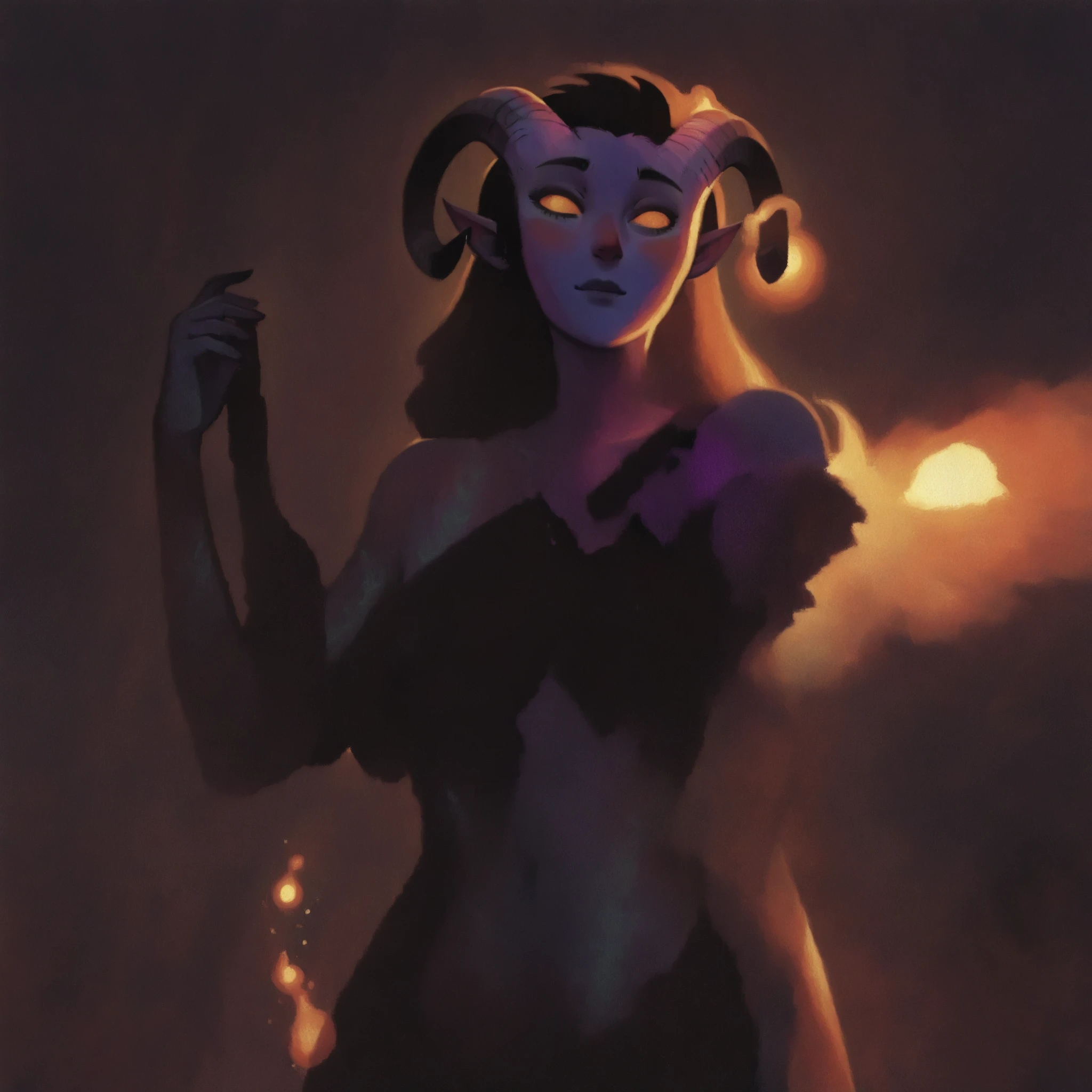 drki, hyper detailed painting of 1girl, tiefling, tilted , vibrant violet skin, ethereal glow, surreal lighting, soft expression, mystical fantasy aesthetic, painterly illustration, gouache painting, soft lighting illustration, 2d art, delicate background, masterpiece, best quality, crud3