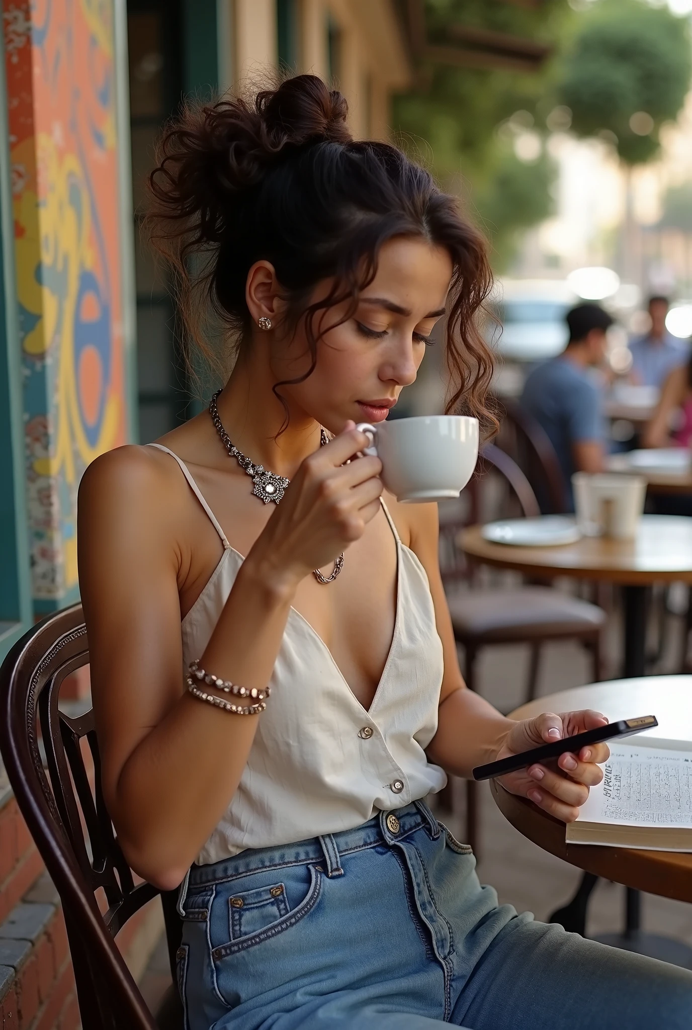 SHE IS IN A COFFEE SHOP HAVING COFFEE