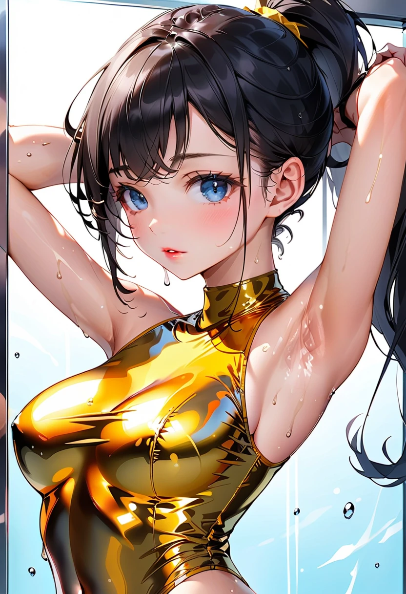 girl, 独奏, Wearing a yellow competition swimsuit that emphasizes smiling buttocks、Hurray(Versatile sexy poses)(A masterpiece of close-ups looking up from below in the highest image quality, realisitic, ultra-detailliert, (shinny skin, Sweating: 1.4), Ridiculous, looking at viewert, short dark hair, Brown-eyed, slender, dynamic light and shadow, hight resolution, foco nítido, depth of fields, Narrow-eyed, Sharp pupils, Realistic pupils, (breasts are small: 1.6), (Thigh thickness: 1.0), Indoor pool