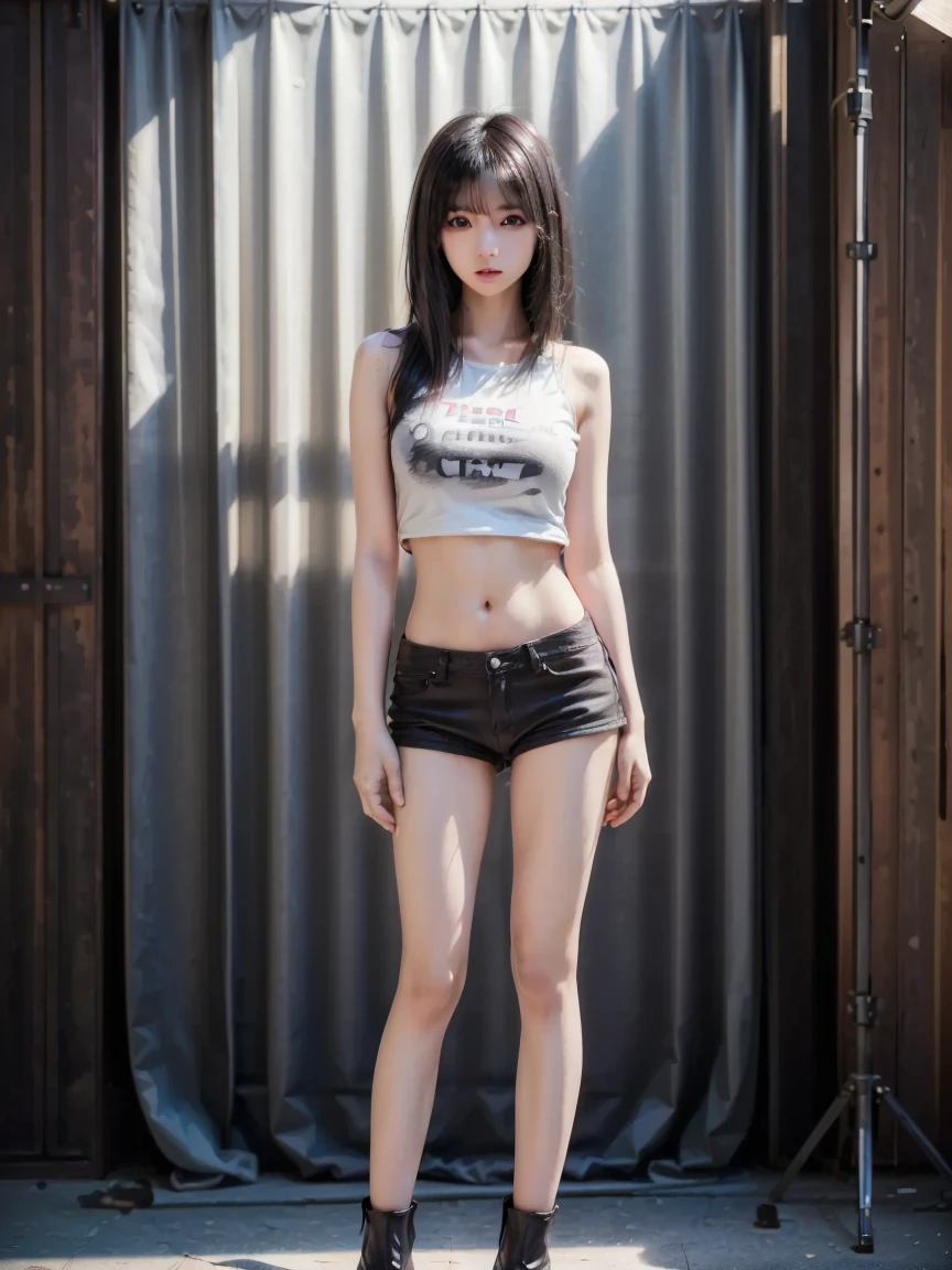 Allard woman holding a gun in black blouse and denim shorts, photo of slim girl, 2 4 year old female model, 1 8 I, 2 2 years old, 18 years old, sexy body and sexy abdomen, waist - shot, 21 years old, 2 7 years old, 2 3 years old, half body crop, hot petite