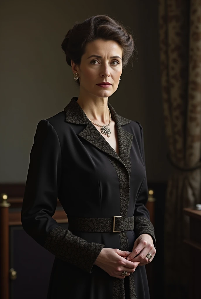 RAW photo, documentary photography of mature woman, Standing with one foot raised and resting on a prop, Peplum top with wide-leg pants, Angled bob haircut, Chestnut haircolor, shot from a Dutch angle, head shot, silhouette lighting, hologram effect, detailed skin, skin blemish, sharp focus, shot on Aaton LTR, in the style of (Yousuf Karsh:1.4), <lora:more_details:0.6> <lora:skinny_new_skin:0.2>