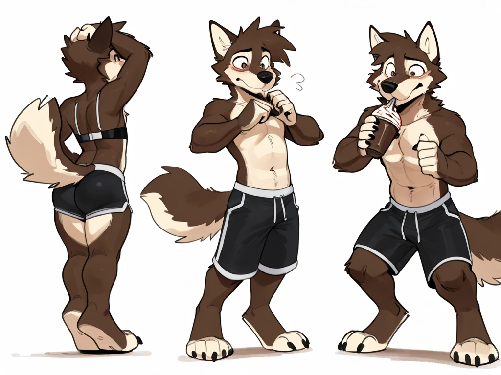 wolf boy, furry, one wolf, gym, training, topless, grey fur, young style, young style, plump, sweaty, grinning face, posing in front of a mirror, showing off, erection, penis visible