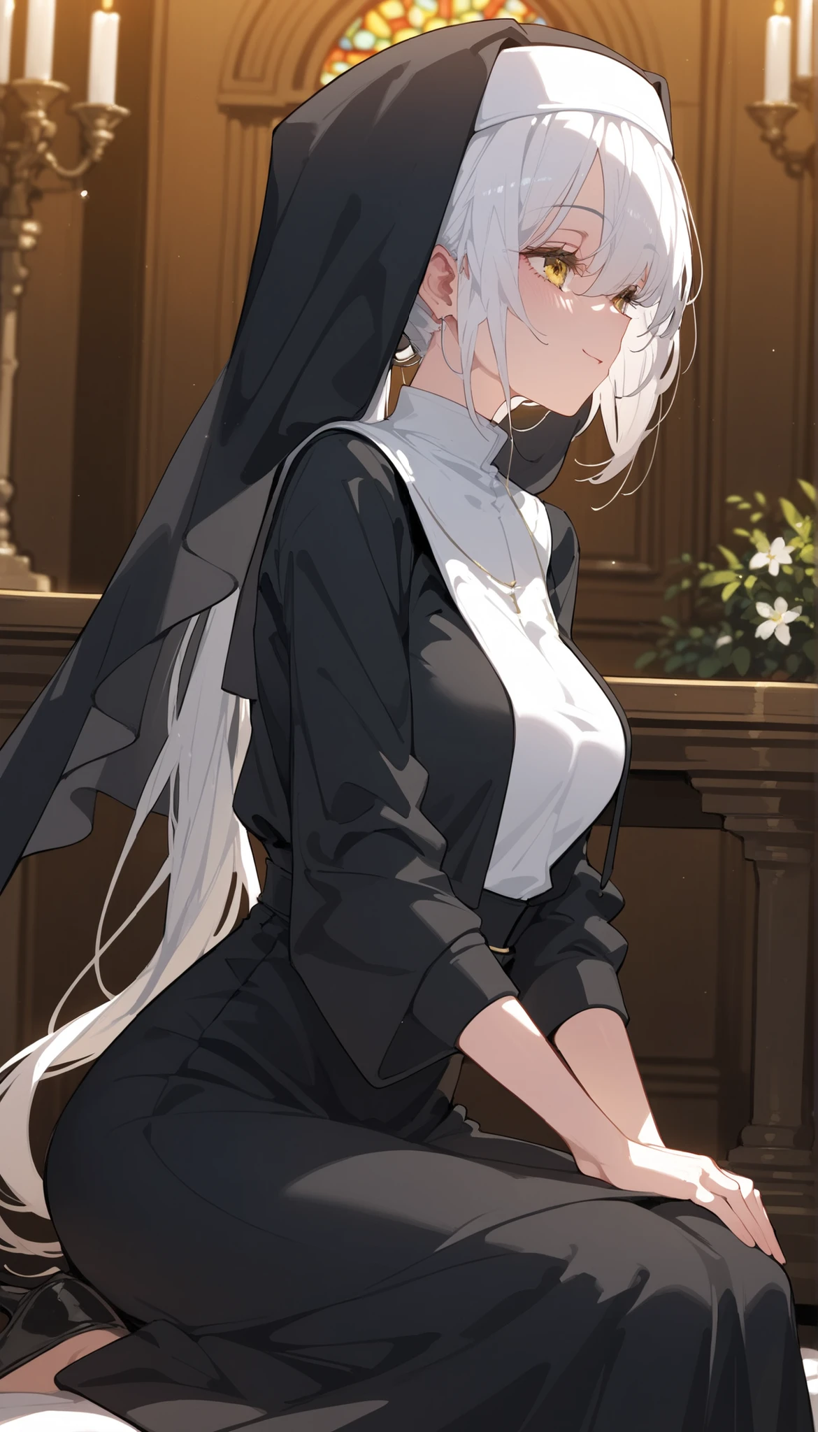 Alone ,girl,white hair,dot hair in the yellow eye,,long hair,Milf,short hair, ponytail,Black suit, white shirt ,slim,,long skirt,Black suit,cute,sit,Praying ,,long skirt,Nun,Small butt,, closes its eyes,,Close your eyes