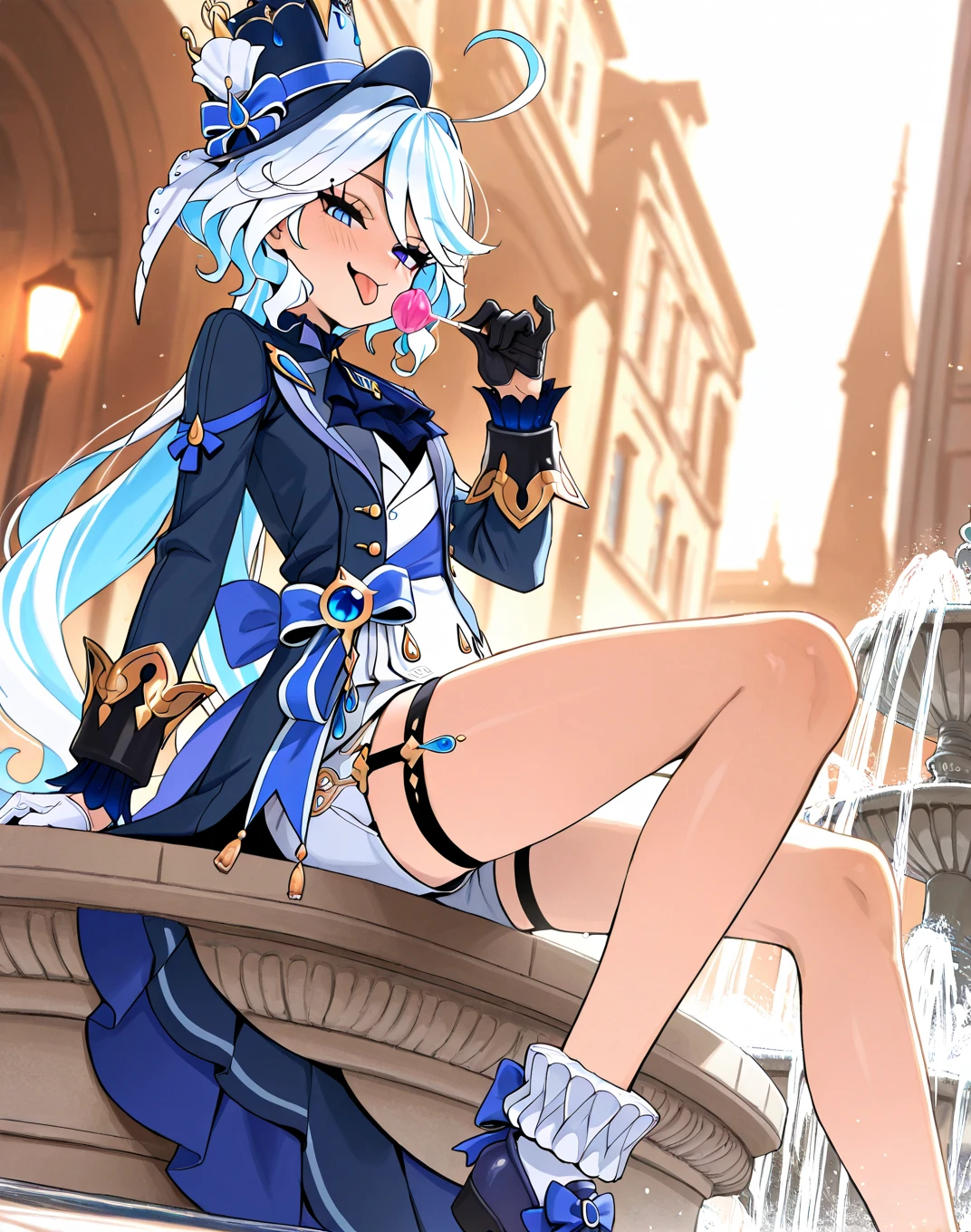 (extremely detailed CG:1.4), (best quality:1.3), cowboy shot, 1girl, focalors, smile, long hair, perfect face, bright pupils, lustrous skin, (finely detailed beautiful eyes), small breasts, sitting, crossed legs, White thighhighs, white gloves, white shorts, thigh strap, hat, (Palace:1.5), (waterfall:1.3), sunlight,