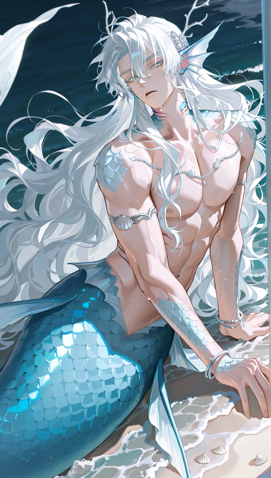 man, masculine, masculine face, attractive, muscular, (((1man))), masterpiece, absurdres, best quality ,intricate details , (shiny skin, shiny body, shiny oily luster skin, shiny hair, pale skintone), Sundown, attractive, ((muscular)), adult, one, earrings, Don't look at the view , Not looking at the view, silver hair, braided hair, perfect detailed face, perfect detailed hands, triton, fins, red eyes, triton ears, ((portait)), smirk, marine sea ornaments, open chest, ((mermaid tail)), no legs, under the sea, fishes, masculine features, masculine face, (((night))), moonlight, darkness, dark light