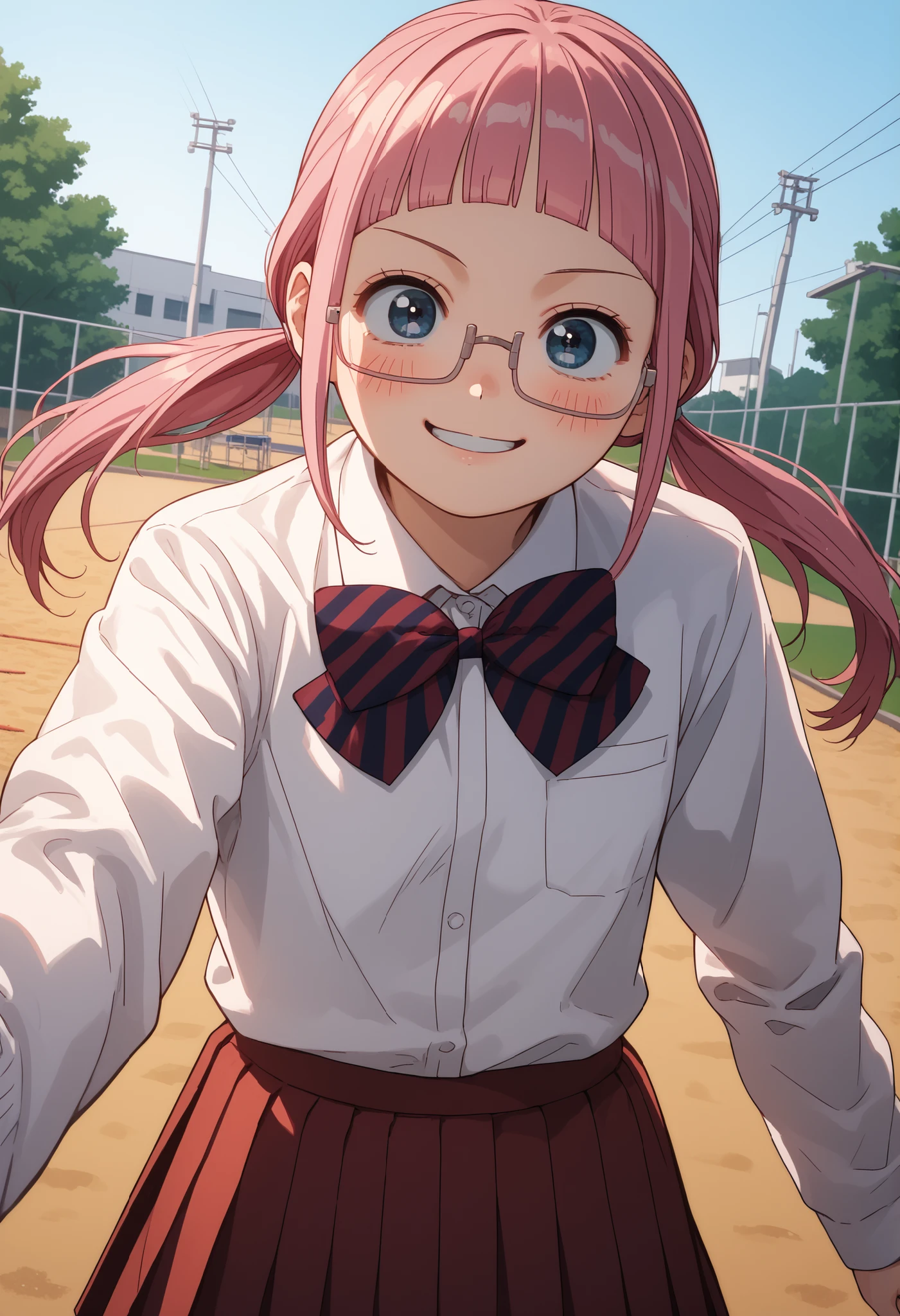 score_9, score_8_up, score_7_up, 1 girl, solo source_anime, makeruyadano, makeru yadano, long hair, bangs, ponytail, pink hair, twintails, blunt bangs, blue eyes, glasses, skirt, shirt, long sleeves, bow, school uniform, white shirt, pleated skirt, striped, collared shirt, bowtie, red skirt, striped bow, striped bowtie, in a school playground, smile, blush, looking at viewer, cowboy shot, dynamic angle, masterpiece, 8k quality, high resolution, perfect lighting, dreamy atmosphere