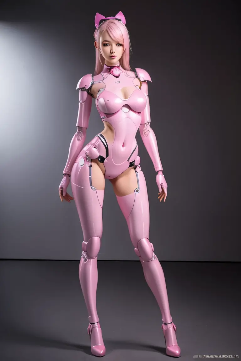 a sexy pink humanoid robot, full body, photo shoot