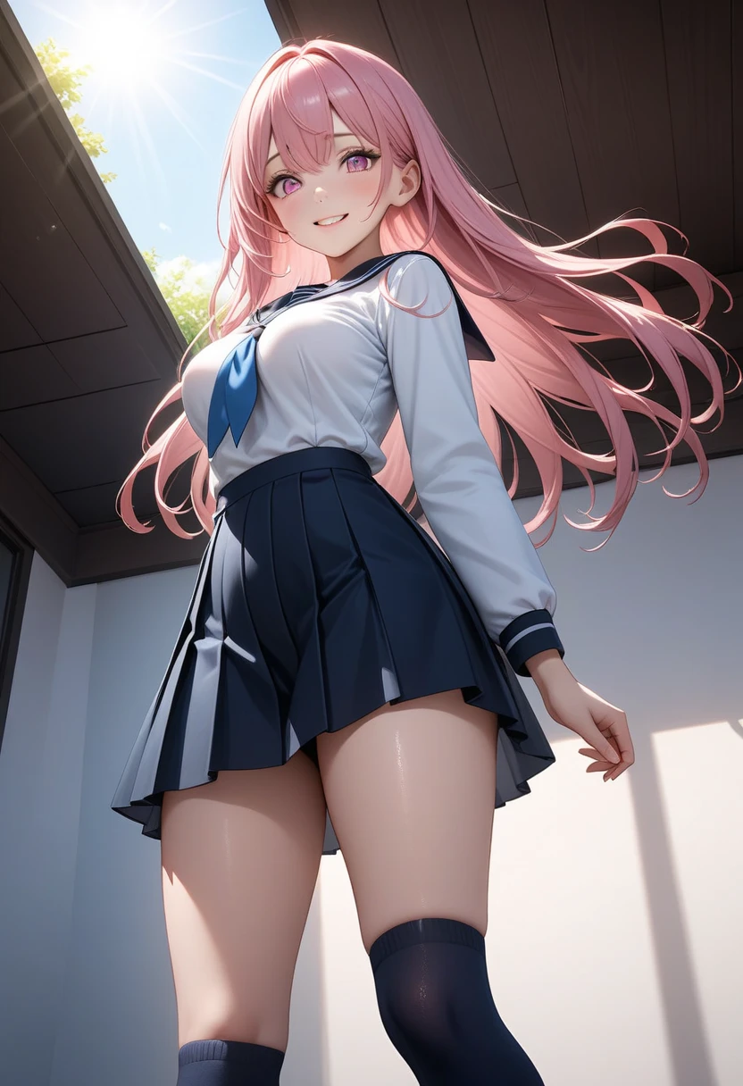 (1 girl),(high quality), (High resolution), (extremely detailed), (8K),(focus on lower body),(CG),high school girl、18-year-old girlfriend、girls high school uniform、navy pleated skirt、panties、(black pantyhose:1.2),erect nipple shape,No shoes、(neutral white lighting),pink hair