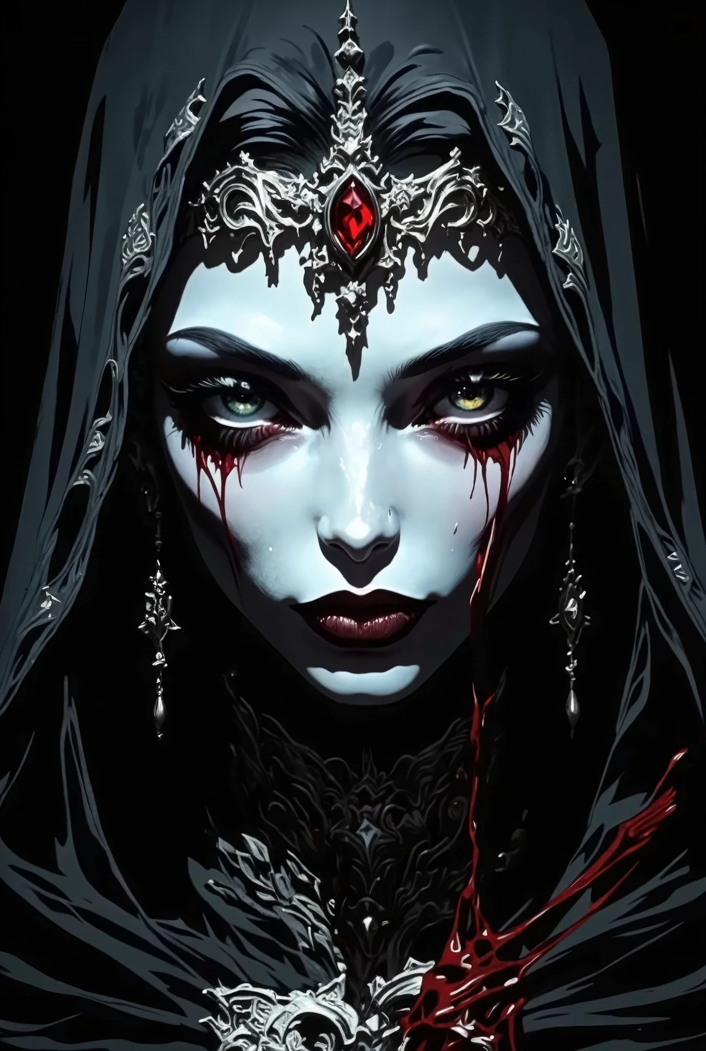 A close-up of a pale woman's face with smooth white skin. Her lips are dark red and glossy, slightly parted to reveal white teeth. Her eyes are deep red, appearing as if blood is streaming from them. Blood trickles down from the eyes in thick, shiny streams. She is wearing a silver, intricately detailed tiara adorned with a single red gem at the center of her forehead. The tiara's design flows around her head, blending with the dark, black hood that surrounds her face. Her expression is solemn, yet hauntingly beautiful. The lighting highlights the contrast between her pale skin and the dark elements of her clothing. The background is a deep black, enhancing the intensity of her features and the overall mood of the image. The overall style is hyper-realistic, with a gothic, dark fantasy atmosphere.