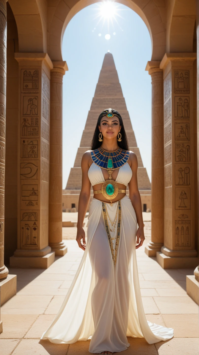 Create a hyper realistic photography of the goddess Isis standing in front of an Egyptian pyramid all dressed in white in ceremonial ancient egyptian dress a posture inspires dignity and wisdom.
She wears precious jewelery
Create the image 9x16 to fit in an Instagram story and portray her with full body not just torso