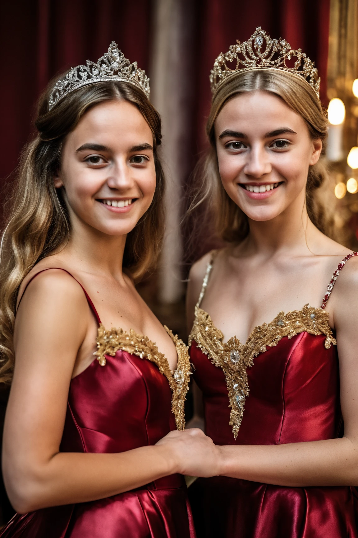 (Masterpiece, 8k, 16k, uhd, best quality, fantasy photograpy, epic imagination) ((Very detailed)), 2girls Swedish girls (cuddling, front to back:1.2) in a "empty gothic Cathedral", dressed in fine lingerie with lots of lace and shiny fabrics, beautiful, tender, the girls are kissing passionately, with her hands on her breasts, french kissing, film scene, cinematic lighting, rose dressees, red dresses, very long wavy blonde hair, woman blonde, big tits, no nude, no pornographic, erotic scene, all girls wear bras, smiling with lips parted and showing the tips of the incisor teeth.
