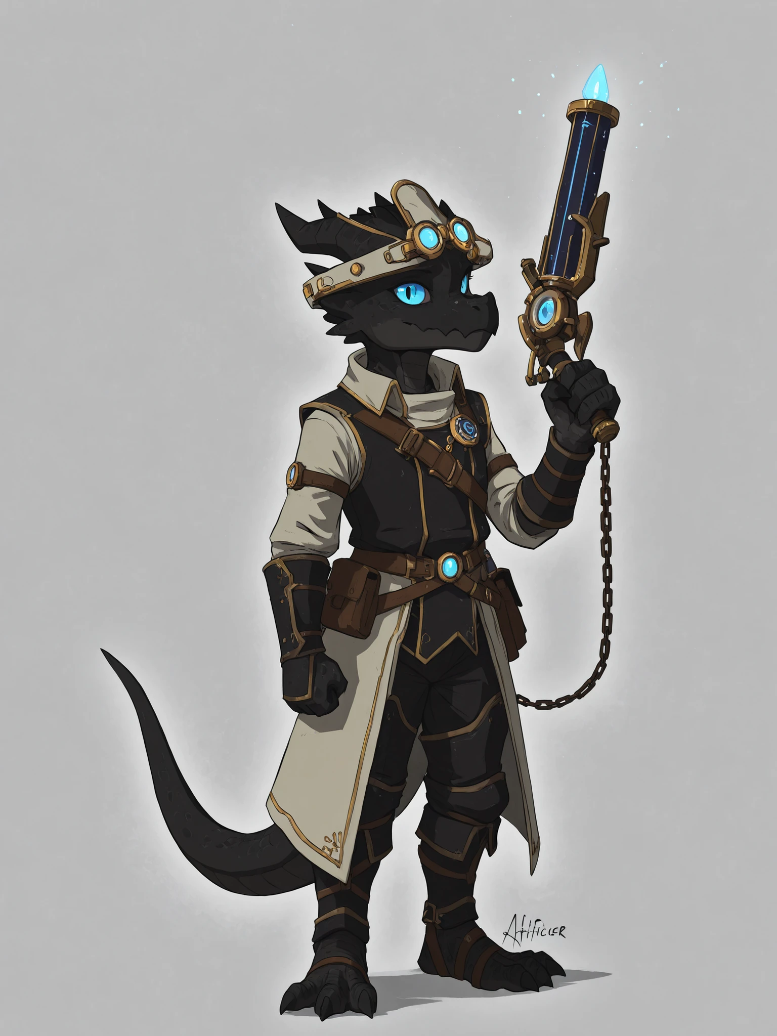 kobold, artificer, black scales, blue eyes