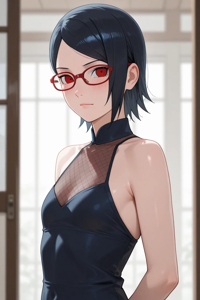 anime screencap, anime coloring, 1girl,solo,black hair,short hair,forehead protector, (dress:1.1),bare shoulders, arm warmers,( shorts:0.8), cowboy shot, glasses,red-framed eyewear, thigh holster,outdoors, forest,nature,smile,black eyes,seiza, looking up, black thighhighs, (hands on own thighs:1.3), toeless footwear,