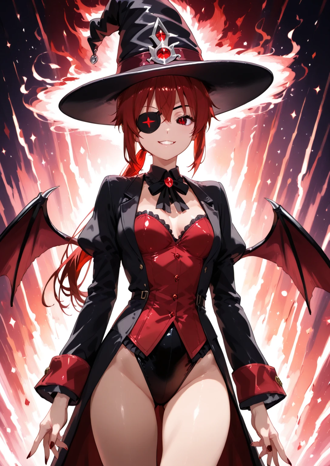 young girl, Gothic castle in the background, Red eyes, Eyes glow in the dark, fangs on teeth, open mouth, sticking out tongue, Dropping saliva, seduction, Red hair, BLACK HOOD, black transparent bodice, thong, , tight ass, Best quality, Improved detail, 4K quality, Better Face Detail