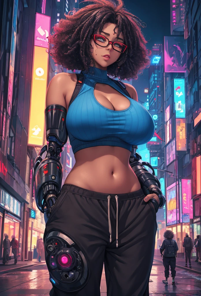 girl spacepunk,(((1girl))),((cute and beautiful afro haired girl)),((((black race)))),

(large breasts:1.4),saggy breasts,((((black afro hair:1.35,((afro hair:1.35)),afrohair,afro:1.35,dark hair,black hair,)))),medium hair,((heterochromia:1.5, (yellow_eye and red_eye))),intricate eyes,beautiful detailed eyes,symmetrical eyes,((fat)),((((tan,dark skin,black skin:1.35,dark-skinned_female,dark skin:1.3,ebony skin,lustrous skin:1.5,bright skin: 1.5,shiny skin,very shiny skin,shiny body,illuminated skin,wet legs)))),(spider lower abdomen,narrow waist,wide hip,athletic body,inflated legs),((detailed face)),

cute,slutty,sensual,seductive look,seductive,erotic,enchanting,((nsfw)),

zettai ryouiki,revealing clothing,show skin,(wearing a mechanical space body armor:1.3,micro armor bikini,bare legs,an armored arm),(((wet clothes,intricate outfit,intricate clothes))),

(dynamic pose:1.0),solo focus,embarrassed,(centered,scale to fit dimensions,Rule of thirds),

cyberpunk city by the ocean at night, with bright neon signs and dark stormy clouds and puddles, scenery:1.25,

artistic photography,(photography taken by sldr),highres, sharp focus, (ultra detailed, extremely detailed), (photorealistic artwork:1.37),(extremely detailed CG unity 8k wallpaper),((synthwave background theme)),(((vibrant colors))),(intricate background),(masterpiece),(best quality),
