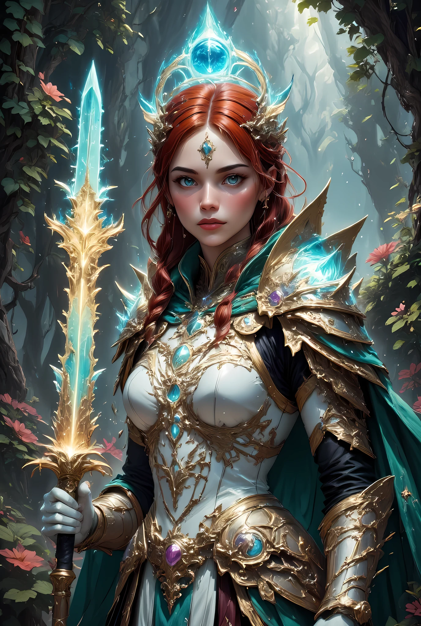 a picture of woman paladin of nature protecting the forest, controlling magical plants, woman holy knight, protector of nature, red hair, long hair, full body, ultra detailed face, red hair, long hair, braided hair, pale skin, blue eyes, intense eyes, wearying heavy armor, white armor, green cloak, flowing cloak, armed with a sword, glowing sword, fantasy forest background, D&D art, RPG art, magical atmosphere magic-fantasy-forest, ultra best realistic, best details, best quality, 16k, [ultra detailed], masterpiece, best quality, (extremely detailed), ultra wide shot, photorealism, depth of field, hyper realistic painting, Cinematic Shot, hyp3rd3tail style, zavy-ctcmcs