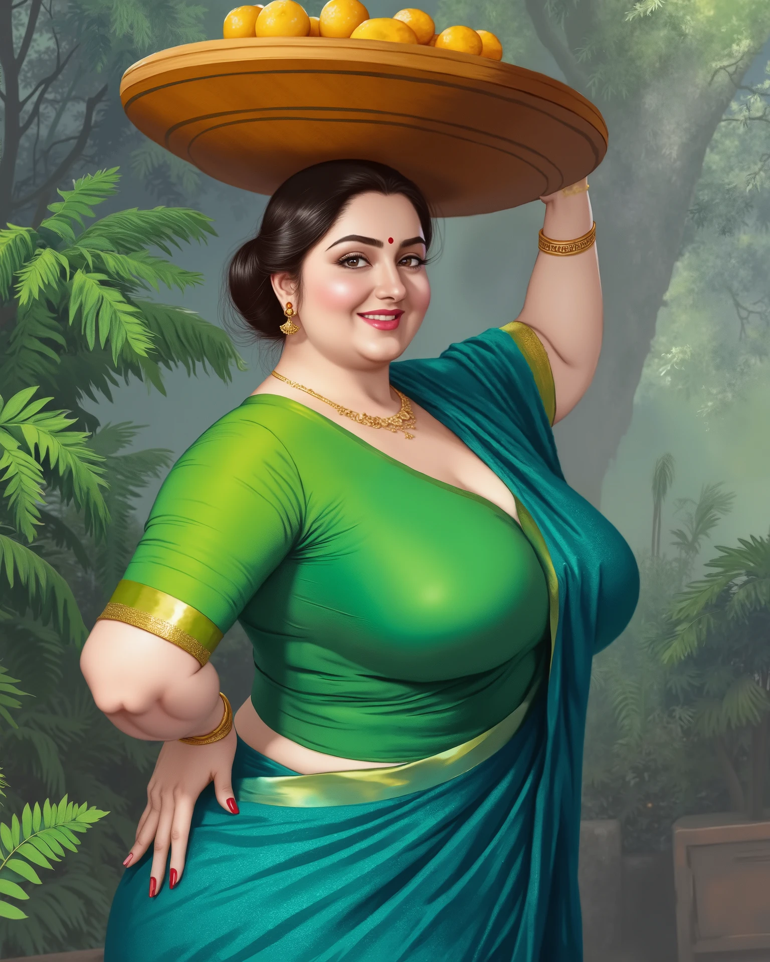 ((Centered composition, perfect framing, no cropping)), a high-quality painting by renowned artist Manimala, depicting a beautiful Indian woman, 45 years old, curvaceious, milf, thicc, busty, looking at the viewer, intricate facial features, serene expression, elegant posture, delicate jewelry, She is wearing a green blouse with, paired with a rich teal-blue sari, accentuating her form. Her hair is styled in a neat traditional low bun, with a few loose strands framing her blushing, expressive face. She wears a red bindi and gold earrings, cleavage, navel, enhancing her graceful, traditional appearance, ((Balanced gracefully atop her head is a large wooden bowl brimming with golden laddoos (Indian sweets), which she is selling. Her hands are lightly steadying the bowl, her hips slightly shifted in a confident and sensuous posture.)) She smiles warmly at the viewer with a teasing, flirtatious glint in her eyes, natural setting, verdant foliage, vibrant colors, soft lighting, masterpiece, 4K, high resolution, ultra-detailed, vivid colors, professional,Large breasts, epic fantasy, dramatic lighting, dramatic pose, volumetric fog, cinematic angles, ultra-detailed, 8k, photorealistic, octane render, highly detailed face and features, dramatic expression, goddess-like, powerful, mythical, vivid colors, rich textures, dramatic lighting, cinematic atmosphere.